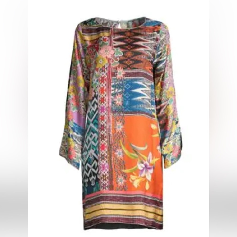 JOHNNY WAS LUNA BOHO PRINT FLARE SLEEVE 100% SILK MULTI FLORAL DRESS NWT SZ XXL